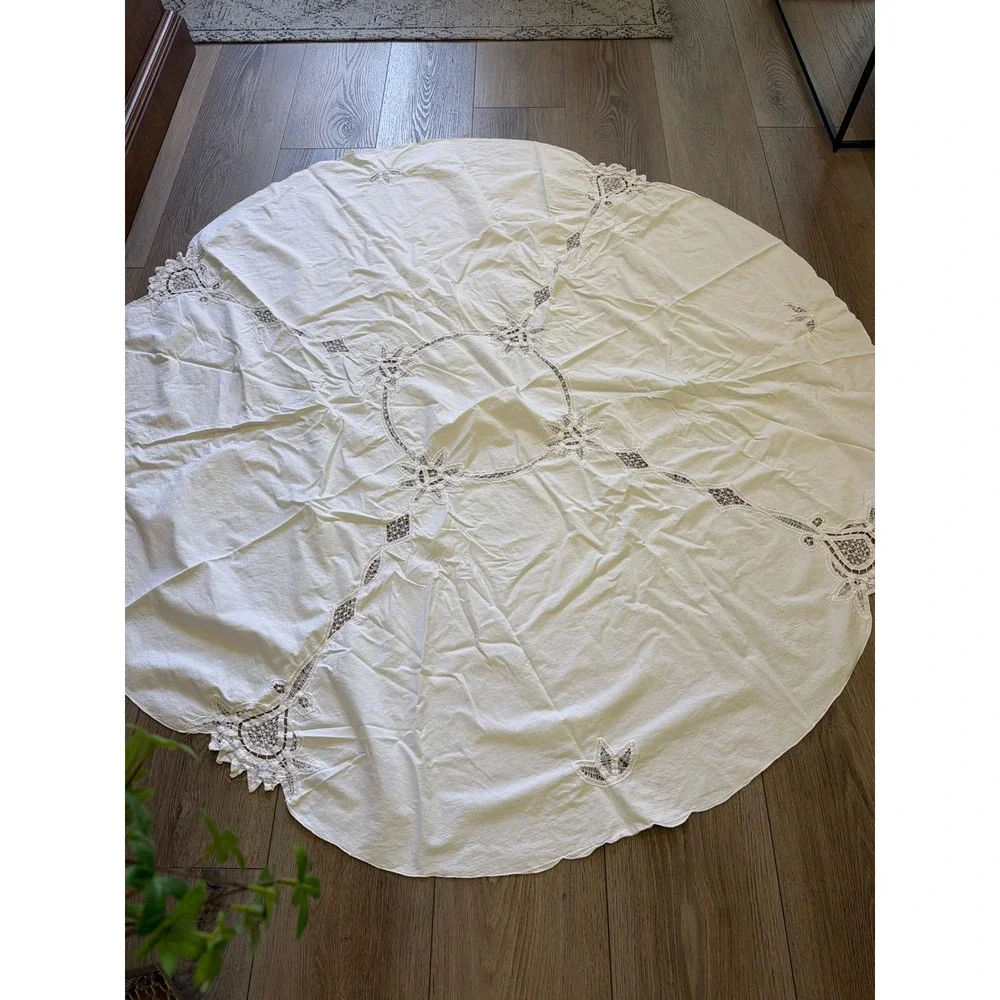 Vintage White Round Tablecloth 60 Inch Lace Cutwork Scalloped Edge Victorian